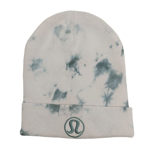 Lululemon Warm Revelation Beanie L/XL Beige Teal Tie-Dye Knit Organic Cotton